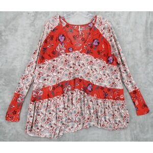 Free People Blouse Small Tiered Floral Cottage Bohemian Semi Sheer Boxy Stretch